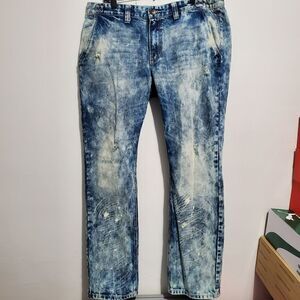 PREOWNED SZ 38X32 MENS LEVEL 7 DENIM DISTRESSED ACID WASH JEANS
